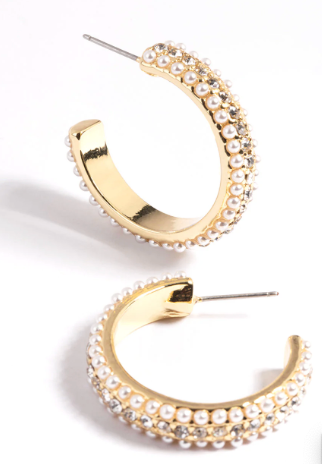 Gold diamond pearl hoop earrings