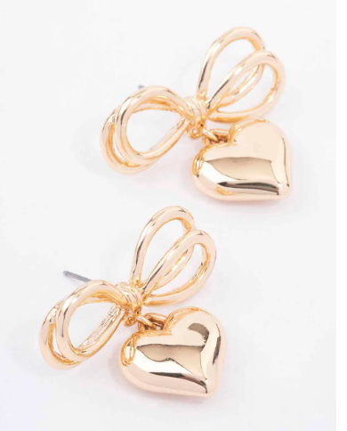 Gold heart bow earrings